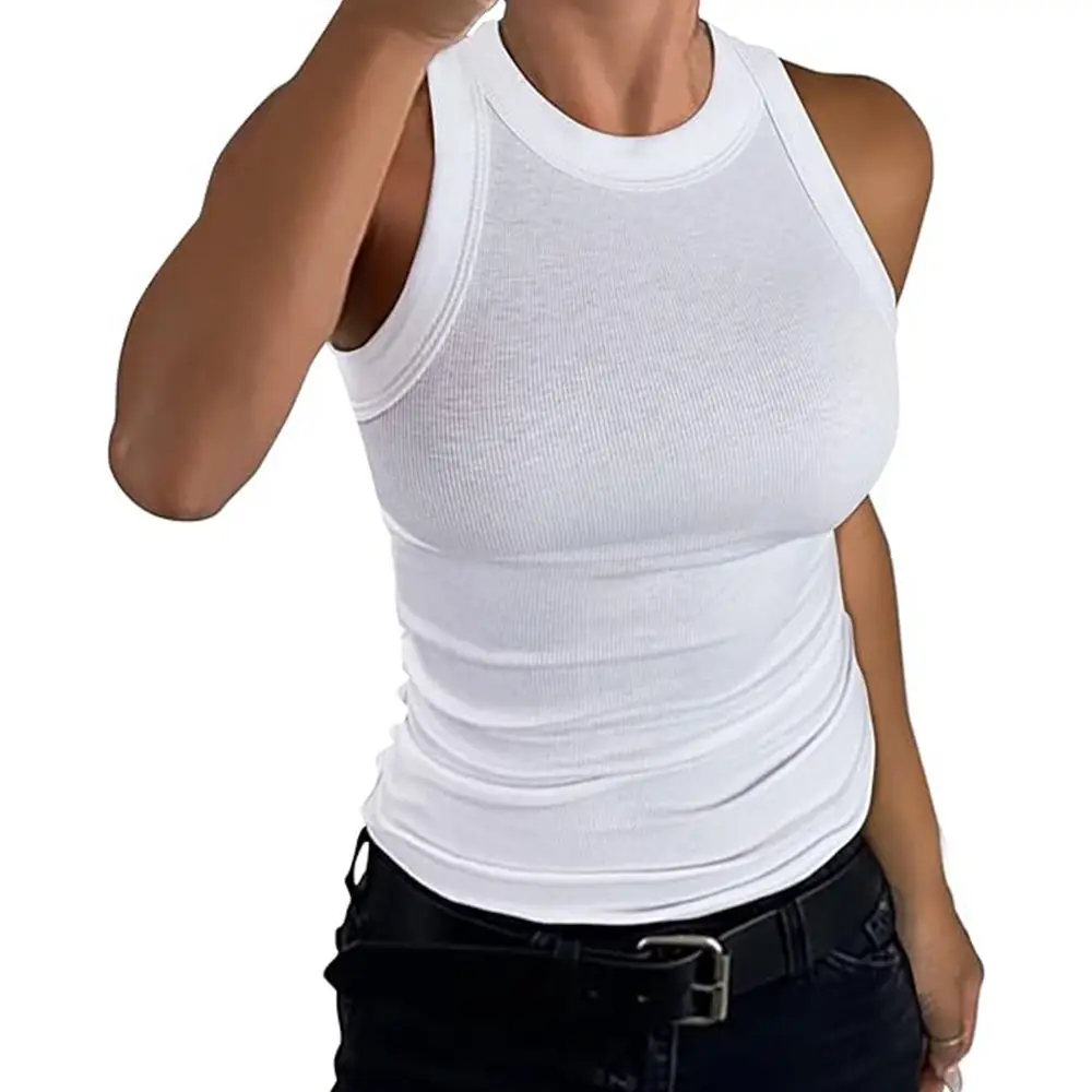 Womens Sleeveless Racerback High Neck Casual Basic Cotton Ribbed Fitted Tank Top