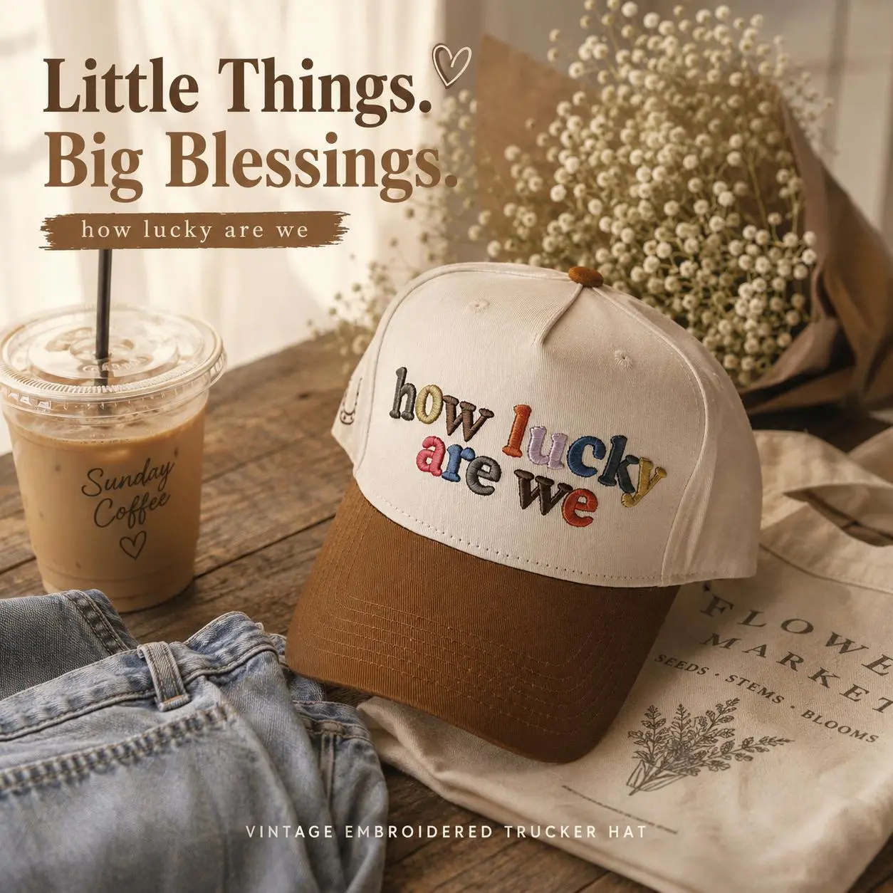 Women's "How Lucky Are We" Embroidered Trucker Hat - Vintage 2-Tone Baseball Cap, Lucky Girl Aesthetic Adjustable Snapback, Party Gift for Best Friend country girl hat