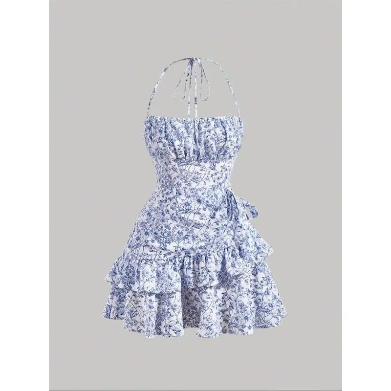 Women's Print Ruffle Trim Vintage Cami Dress, Boho Backless Tiered Layer Short Sundresses, Dresses for Women, Summer Dresses 2024, Birthday Dress for Women, Capri Sun Dress, Downtown Girl Clothes