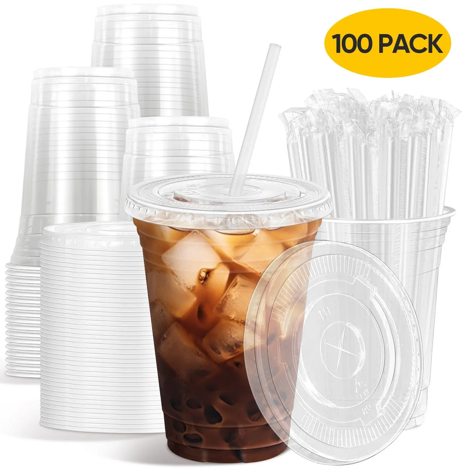 16oz 100-50Pack Disposable Transparent BPA-Free Plastic Iced Coffee Drink Cups, Multi-Size 16oz-20oz-24oz Sturdy Cups with Includes Lid&Straw, for Parties, Camping (Home & Festive Supplies), Summer Wins, Beach Essentials #TikTokShopSummerSale#BacktoSchool
