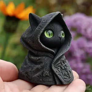 Gothic Black Cat Statue Mini Resin Figurine with Expressive Green Eyes & Detailed Hooded Cloak Perfect for Halloween Decor and Cat Lovers