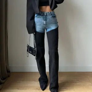 2025 Spring Fashion Casual Color-Block Patchwork Straight-Leg Women's Distressed Jeans