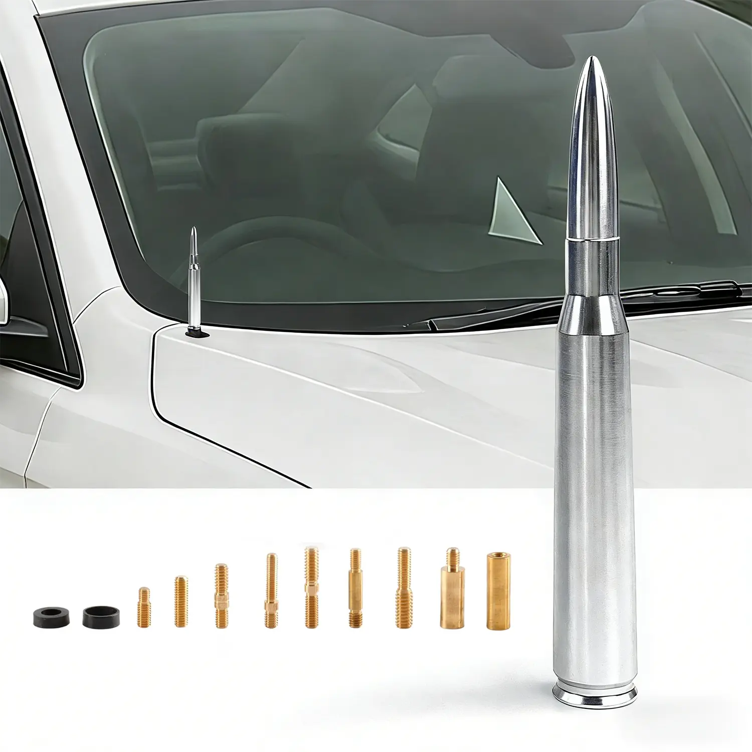 50 BMG Bullet Antenna, 6061 Solid Aluminum Short Design, Vehicle & Truck Accessories, Bold Truck Upgrade, Adapts to Most Cars Including Dodge Jeep Ford GMC Chevy, 10 Adapters for Easy Installation