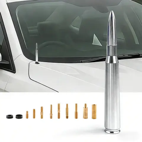 6061 Solid Alum. 50 BMG Bold Style Silvery Bullet-Shape Short Vehicle Antenna Rod, Chrome-Plated Truck Accessory with 10 Adapters, Tool-Free Install, Screws, Extra Nut, Fits Chevy/GMC Nut & Most Cars (Silverado, Dodge, Jeep, Ford, Ram)