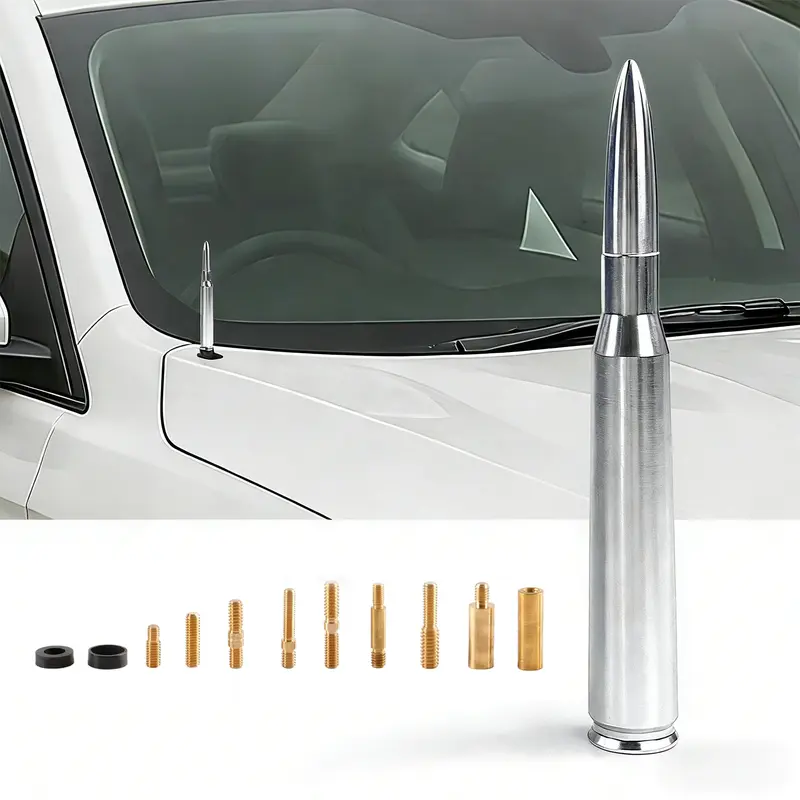 6061 Solid Alum. 50 BMG Bold Style Silvery Bullet-Shape Short Vehicle Antenna Rod, Chrome-Plated Truck Accessory with 10 Adapters, Tool-Free Install, Screws, Extra Nut, Fits Chevy/GMC Nut & Most Cars (Silverado, Dodge, Jeep, Ford, Ram)