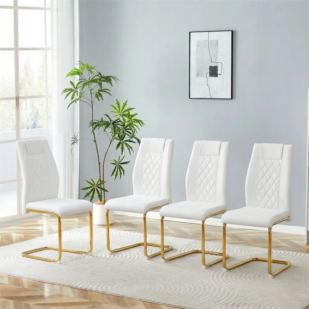 4-Piece Minimal Chic PU Leather Modern Dining Chairs, Arched Gold Metal Legs, Anti-Slip Feet Keep Floors Protected, Wear-Resistant, Wobble-Resistant Home Decor Modular Dining Room Indoor Furniture for Restaurant, Apartment Daily Use