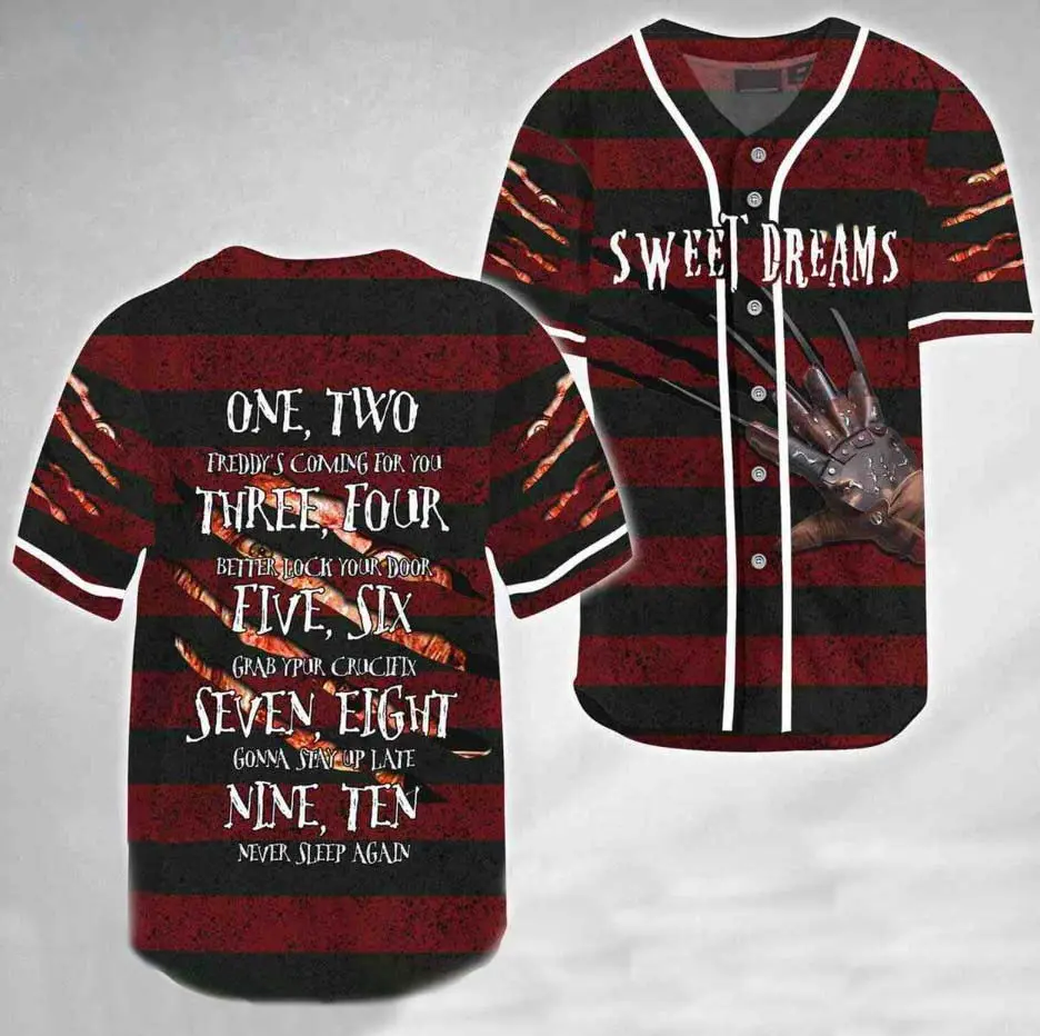 Personalized Halloween Horror Freddy Krueger Sweet Dreams Baseball Jersey, Baseball Jersey Shirt, Outdoor Sports, Sport Shirt, Dynamic And Comfortable