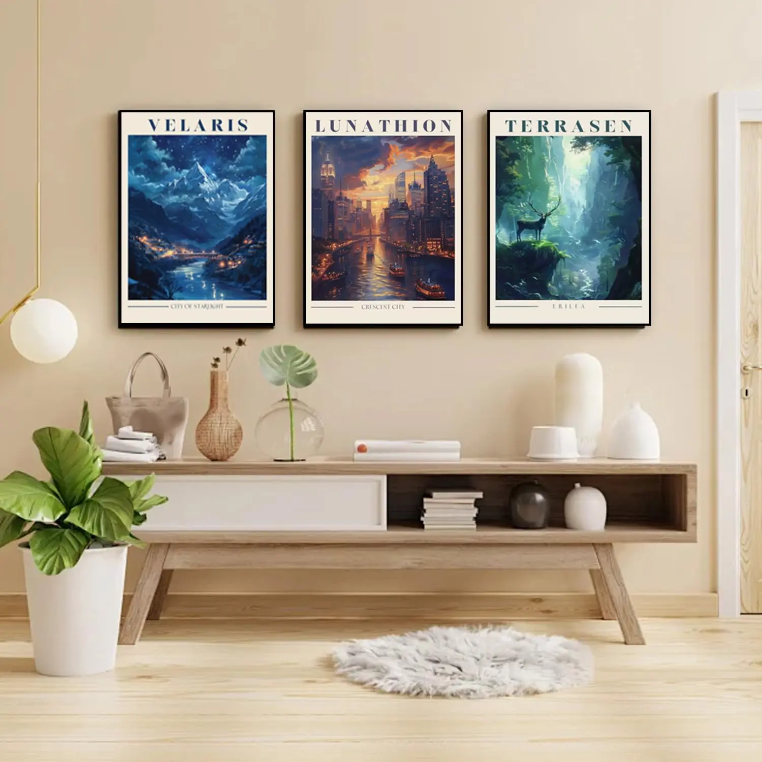 5D Full Drill Glass King City Diamond Painting Set 3PCS Fantasy Vintage Travel Poster Style Mountain City & Forest Deer Scenery Retro Landscape DIY Wall Decor