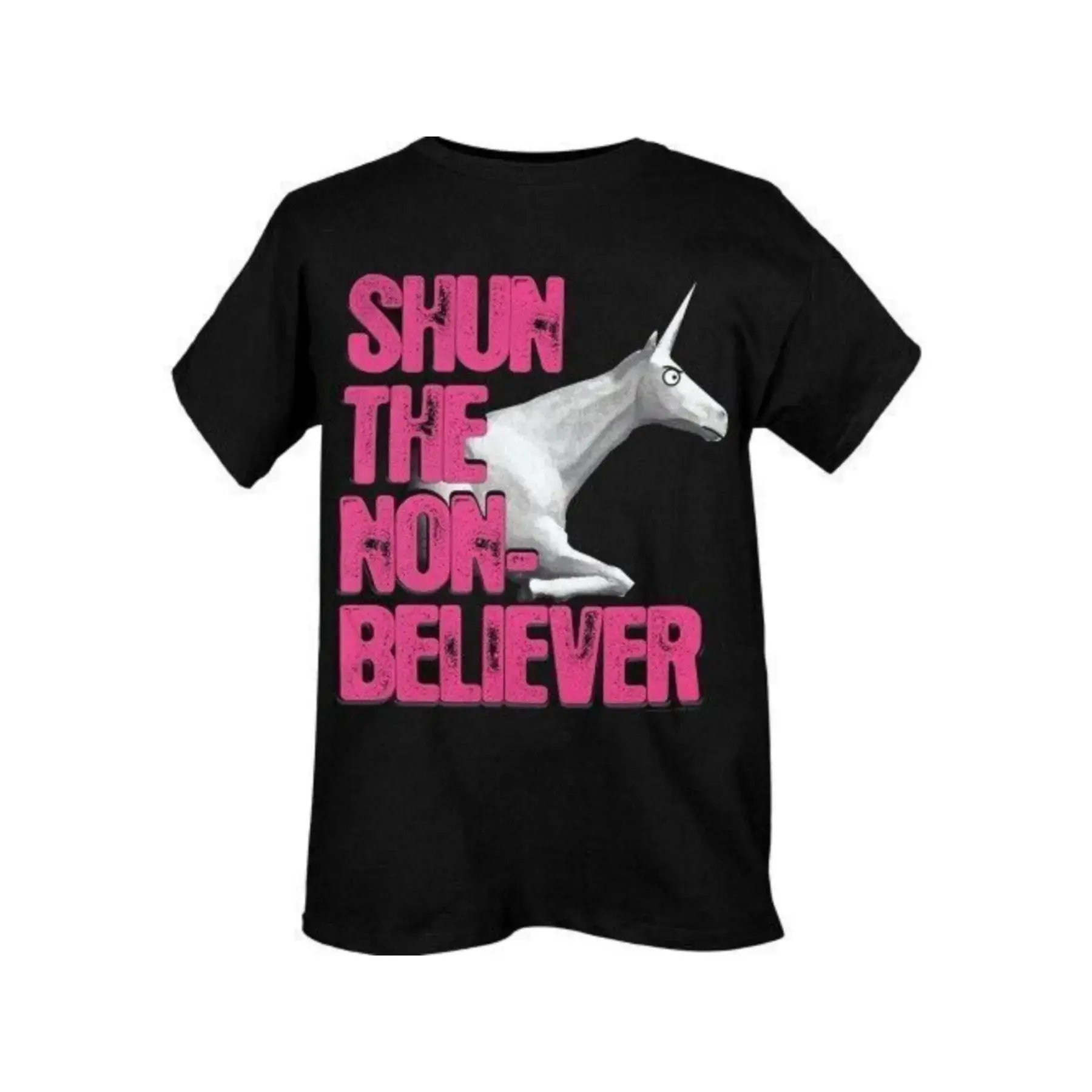 Women's Short-Sleeve Round-Neck Unicorn Graphic Shirt - 'Shun The Non Believer' Bold Print, Soft Cotton, Trending Aesthetic Top for Streetwear, Perfect Gift for Unicorn Lovers