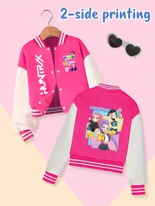 Girls Kpop Demon Hunters Baseball Jacket, Casual Fitted Short Coat, Fall & Winter Elastic Fabric, Korean Fashion Trend, Striped Trim Jacket