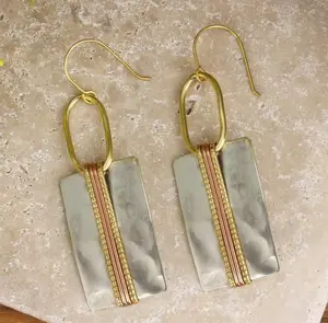 Boho Silver Mixed Metal Bar Earring with Handmade Granulated Textures, Geometric Rectangular Design and Gold-tone Ear Wire