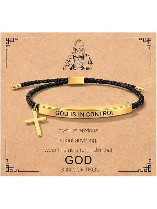 Women's cross pendant braided cord bracelet, jewelry engraved with 'God is in control of everything' - adjustable strap, inspiring Christian accessory for women, ideal gift occasion, uplifting gift, engraved message