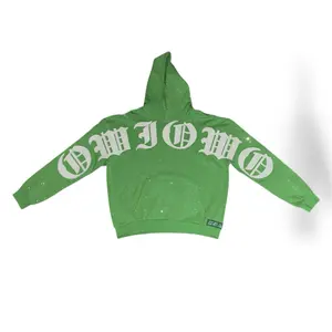 Rhinestone Pull-Over Hoodie - Green with White Logo, Casual Style, 420 GSM, Suitable for All Seasons