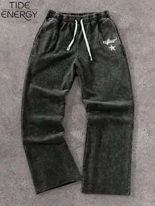 Men's Vintage Loose Star Print Pants, Casual Chic Trousers, Breathable Worn Fabric Wide Leggings, Colorblock Drawstring & Pockets, Casual Daily Wear