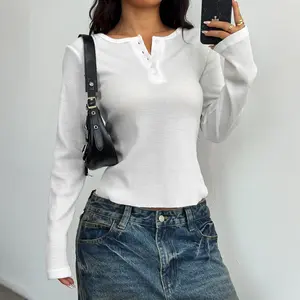 Woman's White Henley Top Long Sleeve Waffle Knit Soft Breathable Stretchy Short Crop Top Casual Chic Slim Fit Button Neck Denim Outfit Everyday Wear