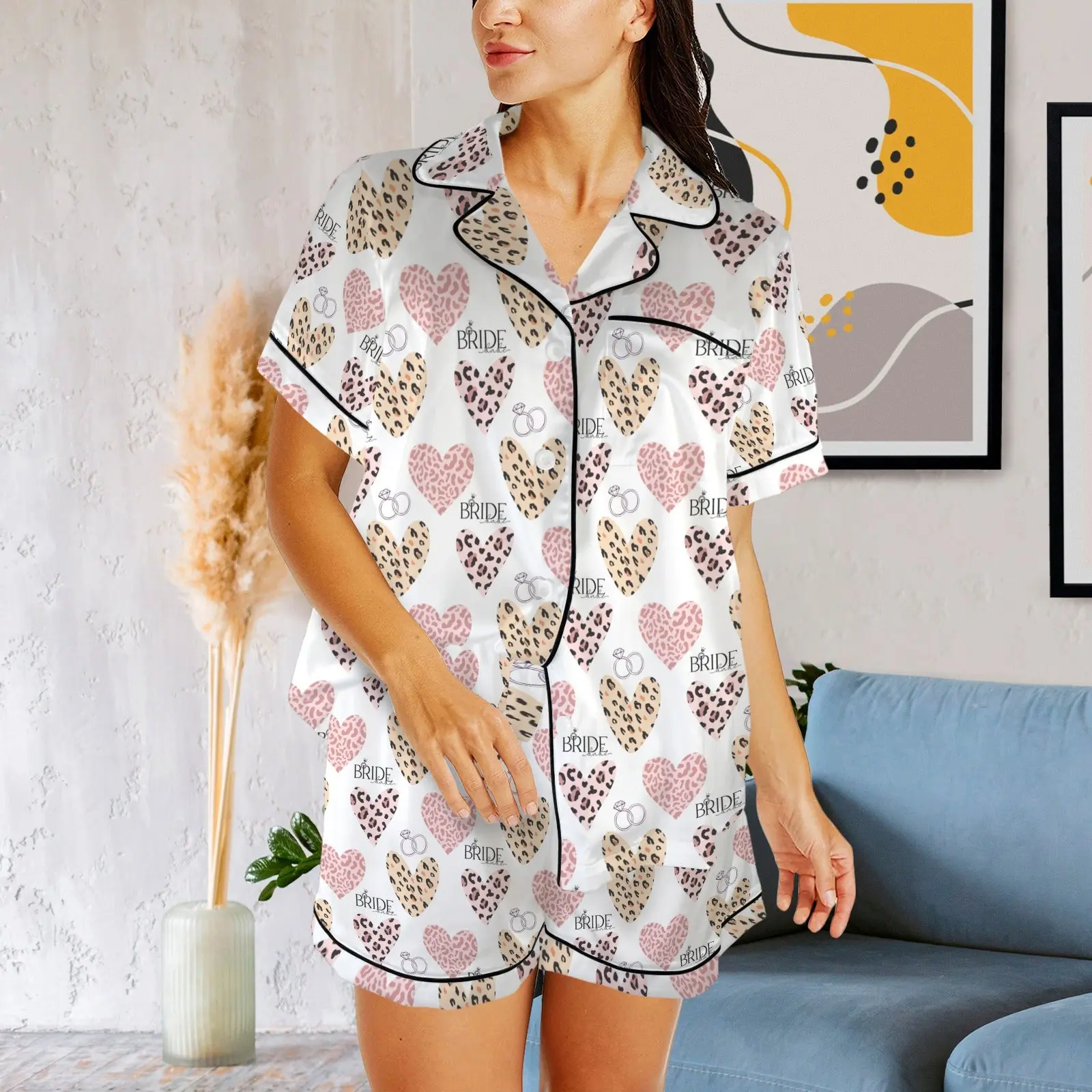 Bridesmaid Pajama Set, Bridal Party Pajamas, Women Matching Pajamas, Bachelorette Party Pajama Sets, Bride Squad, Bridesmaid Proposal Gift - Leopard Hearts