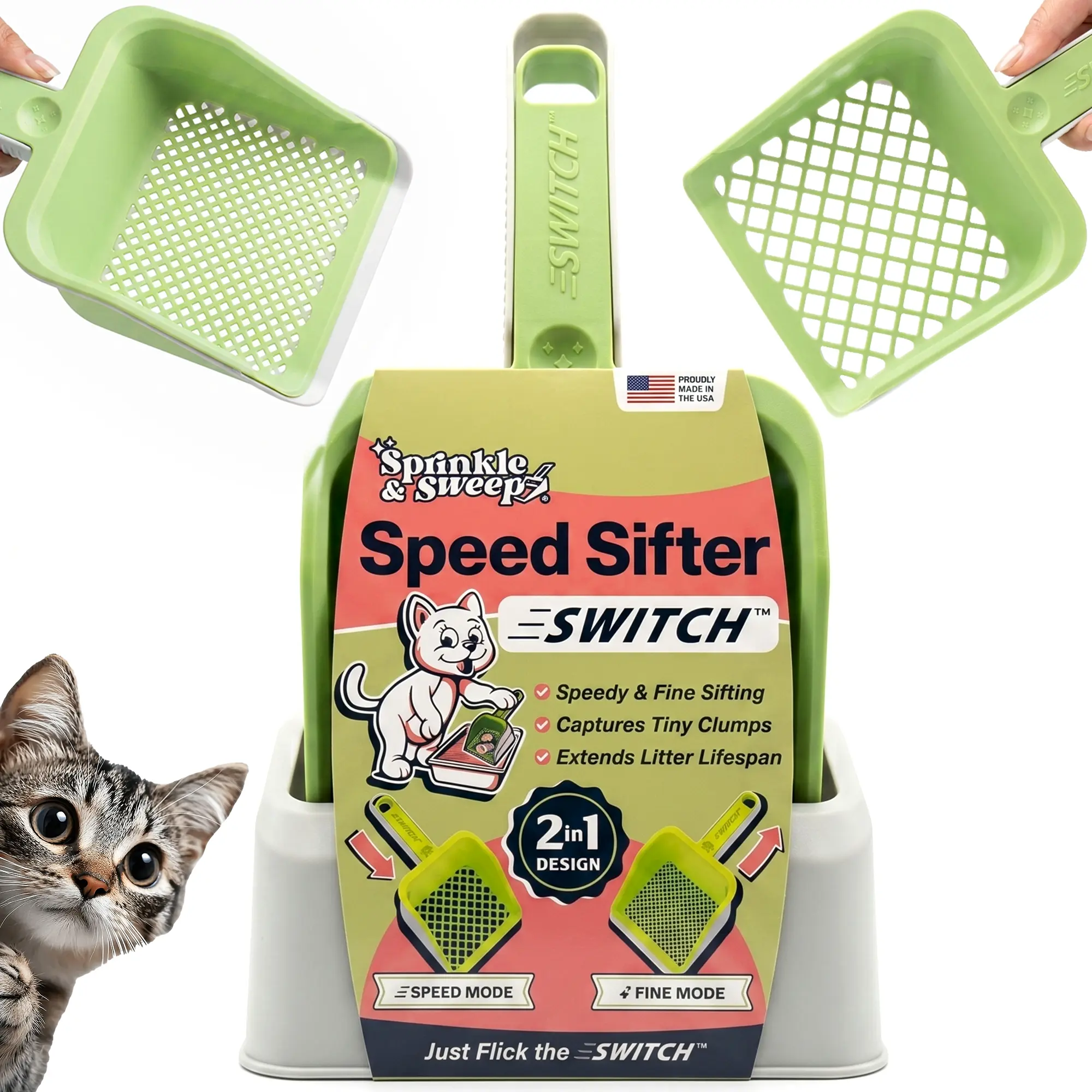 Speed Sifter SWITCH by Sprinkle & Sweep - 2-in-1 Litter Scoop: Fast Sifting + Detail Cleaning in One Tool - Just Flick the Switch - Dock Included - Made in USA