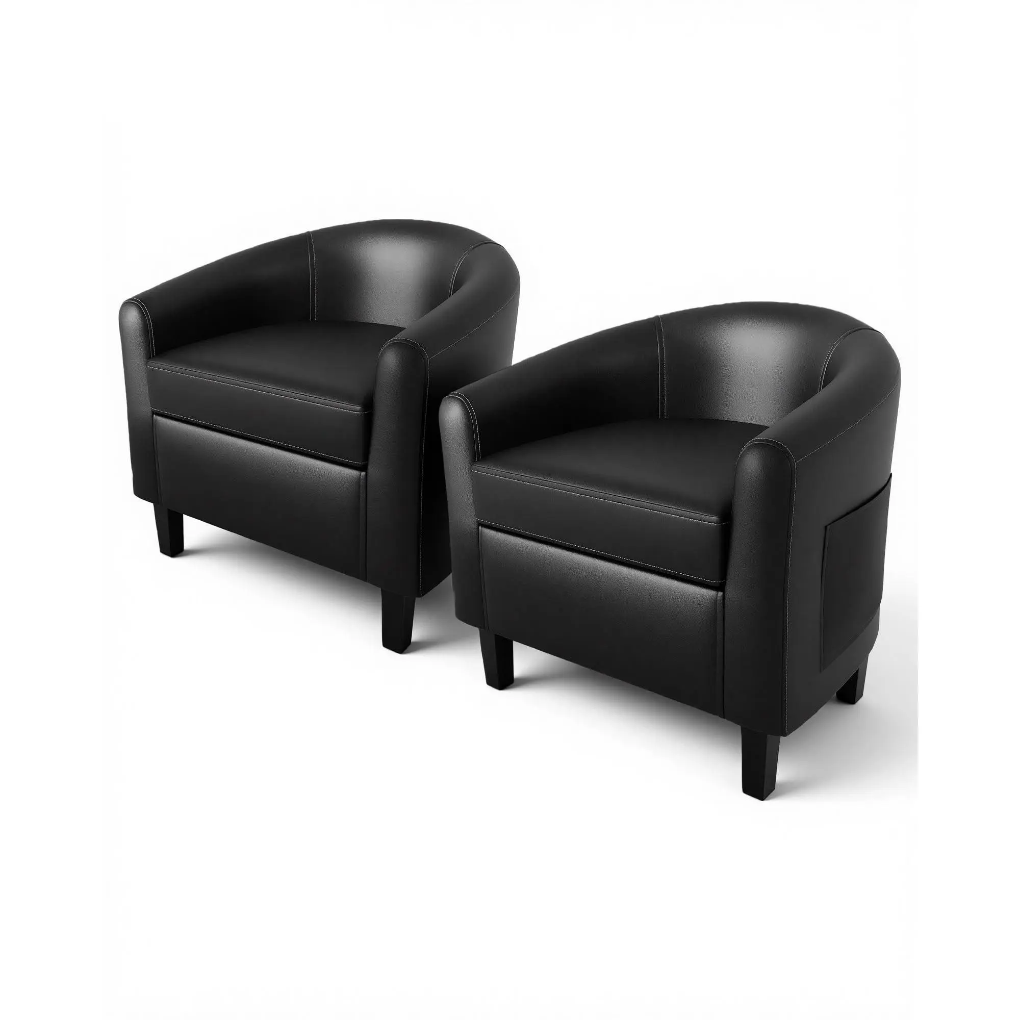 2-Piece Faux PU Leather Accent Barrel Armchair Set, Ergonomic Compact Club Chairs with 4" Foam Soft Padded Seat, Washable Cushion & Armrest for Living Room, Bedroom Decorating (Black), Barrel Chair