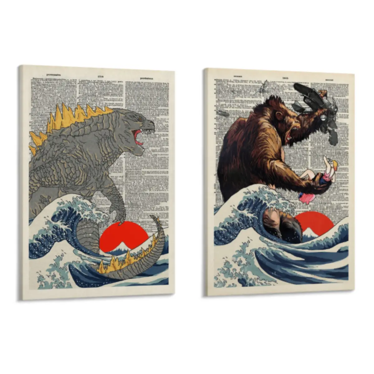 King Kong, Godzilla Poster Set - Great Wave - Horror Movie Merchandise - Scary Movie Gifts for Vintage Hollywood Monster Movie Fans - Art Print, Wall Decor for Boys Room, Teen Bedroom，Cinematic Monster Wall Art Canvas Prints for Modern Bedroom, L