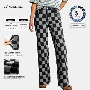 Sidefeel Women's Wide Leg Jeans High Waisted Stretchy Straight Leg Checkered Loose Denim Pants