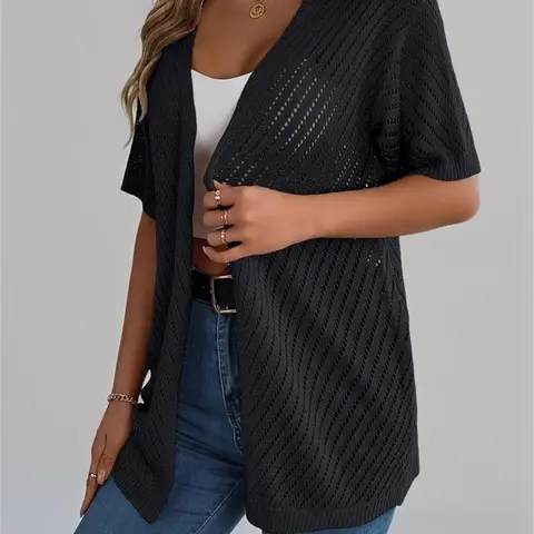 Women's Plain Basic Minimalist Hollow Out Open Front Sweater Cover Up Cardigan without Bottom, Casual Fitted Short Sleeve Lightweight Breathable Knitting Knitwear Tops for Summer, Fashion Women's Knit Clothing for Daily Wear Style Womenswear
