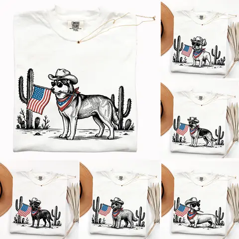 Comfort Colors Patriotic Dog Cowboy Shirt, 50+ Dog Breeds, 4th of July Western Tee, USA Flag Dog Lover Shirt, Independence Day Outfit Women Men, White Color