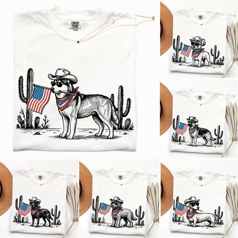 Comfort Colors Patriotic Dog Cowboy Shirt, 50+ Dog Breeds, 4th of July Western Tee, USA Flag Dog Lover Shirt, Independence Day Outfit Women Men, White Color