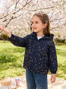 Girls' Gold Print Hooded Long Sleeve Jacket, Korean Style Cute Fashion, Zipper Dual Pockets, Lightweight, Spring Outdoor Wear, Zip Front Jacket