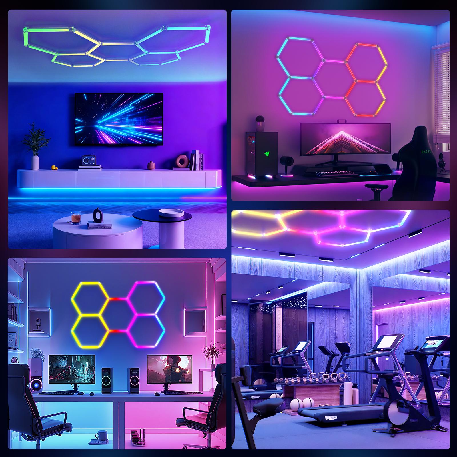 HYPERLITE RGB Hexagonal Honeycomb Light, Modular Garage Light System, Smart LED Hexagon Garage Lights for Ceiling or Wall, DIY Color Lighting Panels Music Sync, Remote Control, Decorative Honeycomb Light Garage, Gaming Room, Party memorialday HYPERLITE RGB Hexagonal Honeycomb Light, Modular Garage Light System, Smart LED Hexagon Garage Lights for Ceiling or Wall, DIY Color Lighting Panels Music Sync, Remote Control, Decorative Honeycomb Light Garage, Gaming Room, Party memorialday