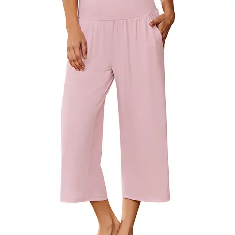 Ekouaer Women's High-Waisted Loose Polyester-Cotton-Spandex Capri Pants - Pocketted, Soft Fabric, Easy-Care, Anti-Shrinking Nightwear Sleepwear Bottoms for Lounge, Outdoor Use