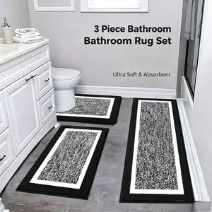 3Pcs Washable Shaggy Microfiber Bathroom Rug Set, Ultra Absorbent Non Slip Bathroom Floor Mats, Multiple Sizes Contour Toilet & Shower Bath Rugs for Home Bathroom