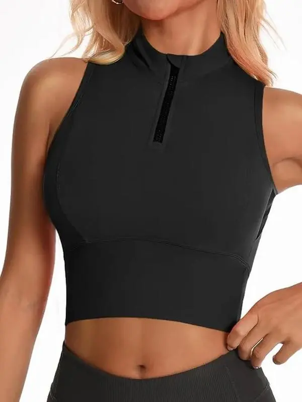 AARYA Women's Cropped Half-Zip High Neck Sleeveless Workout Tank Top with Built-in Medium Support Bra for Gym, Fitness