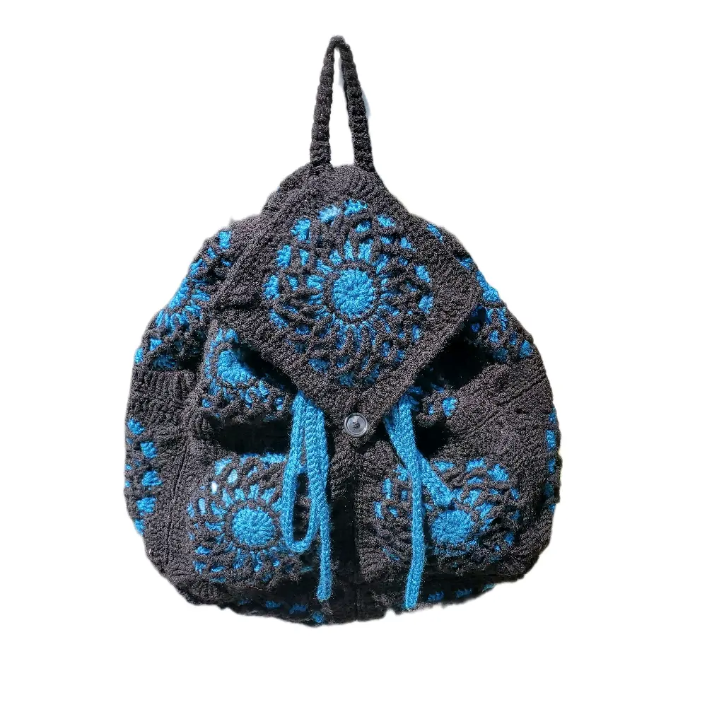 Kaye's Kreations Stained Glass Granny Square Backpack - Black and Sparkly Blue