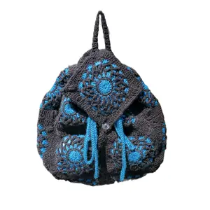 Kaye's Kreations Stained Glass Granny Square Backpack - Black and Sparkly Blue