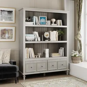 FUFU&GAGA 3-Tier Large Bookcase, Vintage Storage Cabinet with 2 Drawers & 3 Open Shelves, Floor Standing Display for Home Office & Living Room, Grey