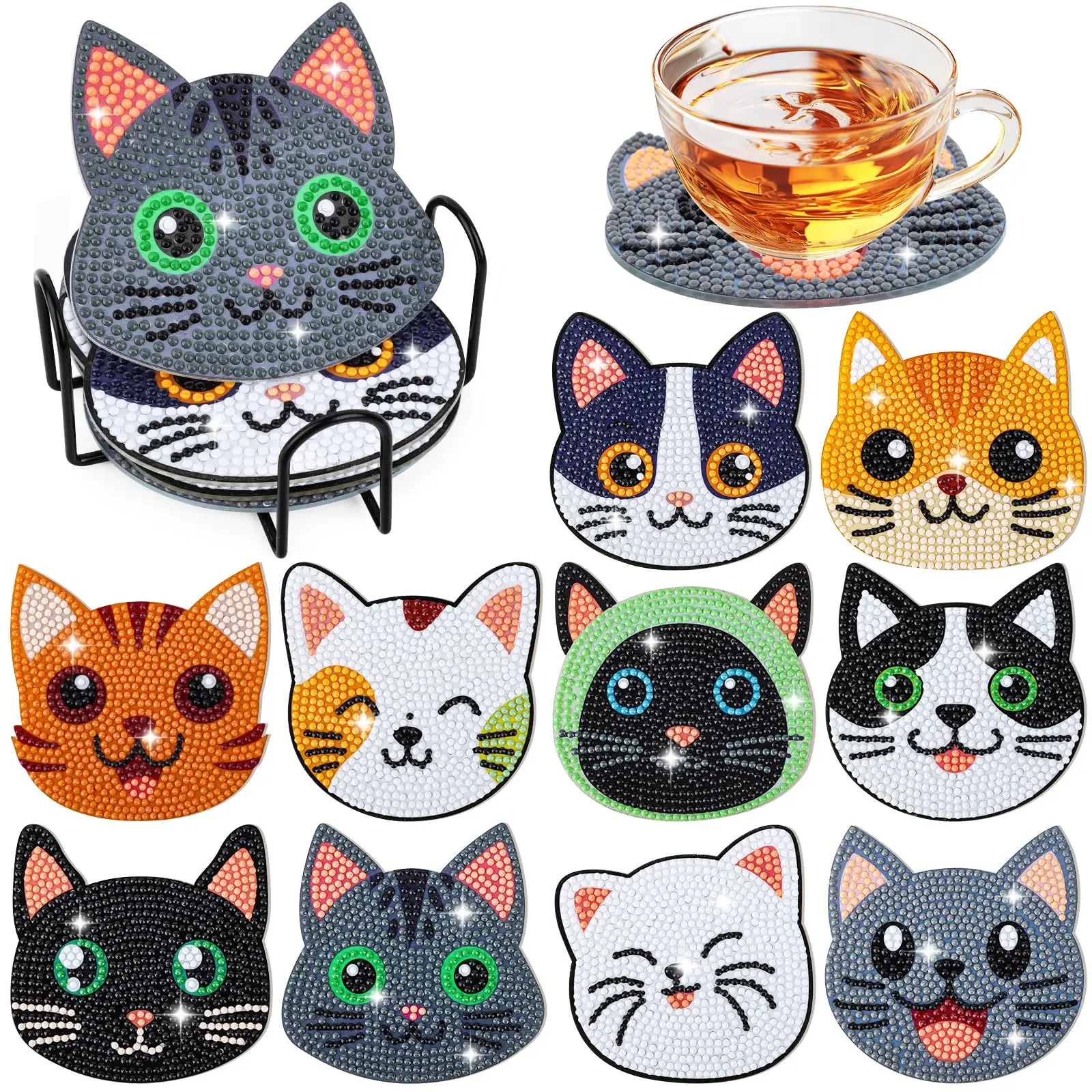 10PCS Cats Diamond Art Coasters with Holder Diamond Art Painting Coasters Kits Craft Art DIY Diamond Coaster Kits Gem Art Coaster for Adults Beginners Cat Lover Gifts