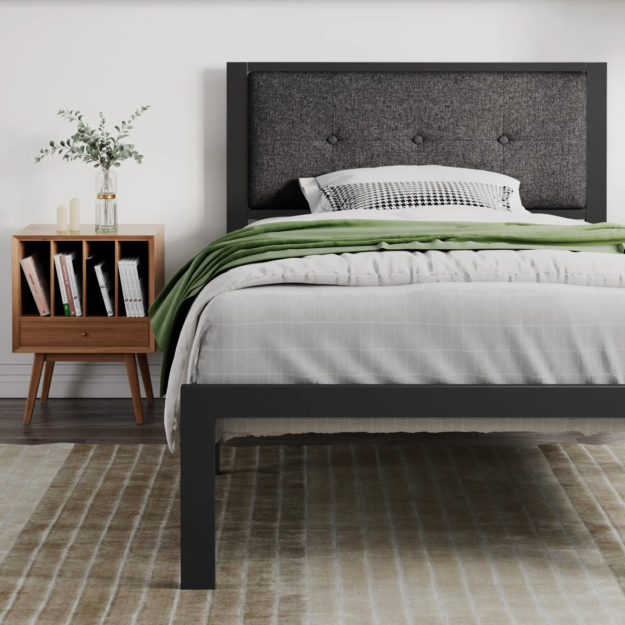 SHA CERLIN Grid-Tufted Uphoelstered Platform Bed Frame with Linen Fabric/Faux Leather Headboard,【Frame Only No Mattress】Metal Slats Supports,Twin/Full