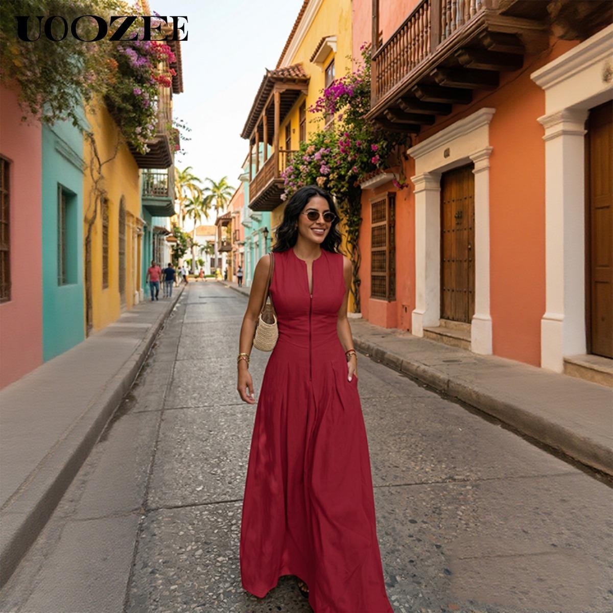 UOOZEE Women's Summer Casual Elegant A-line Loose Pleated Pockets Zipper Round Neck Long Minimalist Dress. Smaller Bust Fit One Size Up Recommended for C - Cup Above & smaller bust can order a normal size. Multiple colors, Sleeveless Womenswear Check