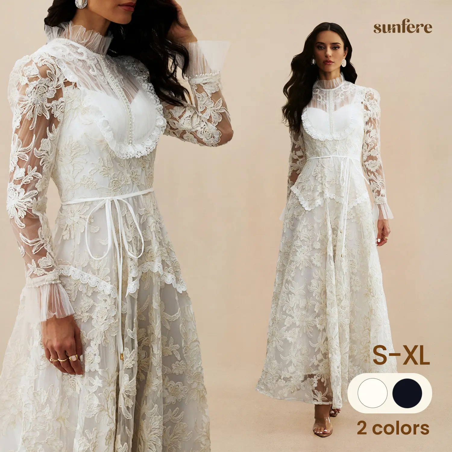 Sunfere Floral Lace Mock Neck Maxi Dress - Pearl Detail A-Line Elegant Modest, Wedding Eid Celebration Vacation Garden Party