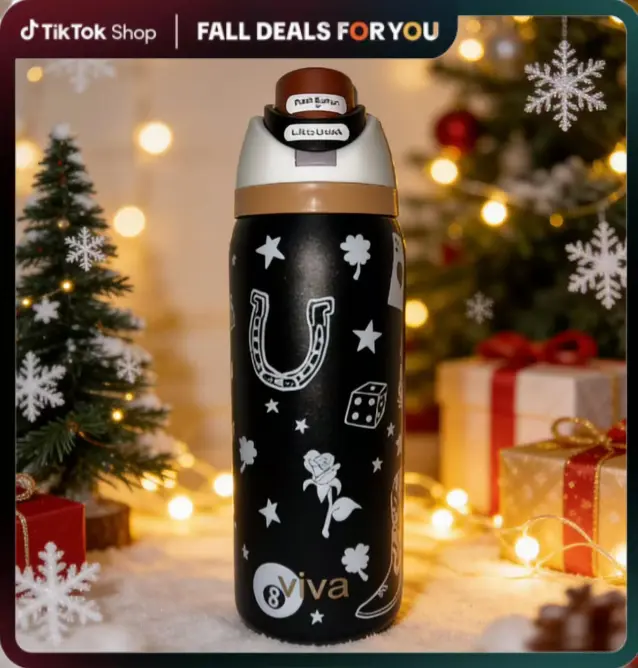 Viva 32oz Stylish Stainless Steel Insulated Tumbler - Poker Pattern, Flip Cover, Leak-Proof, Portable Water Bottle for Drink Storage, Ideal for Home, Office, Gift Giving (Suitable for Adults & Kids)