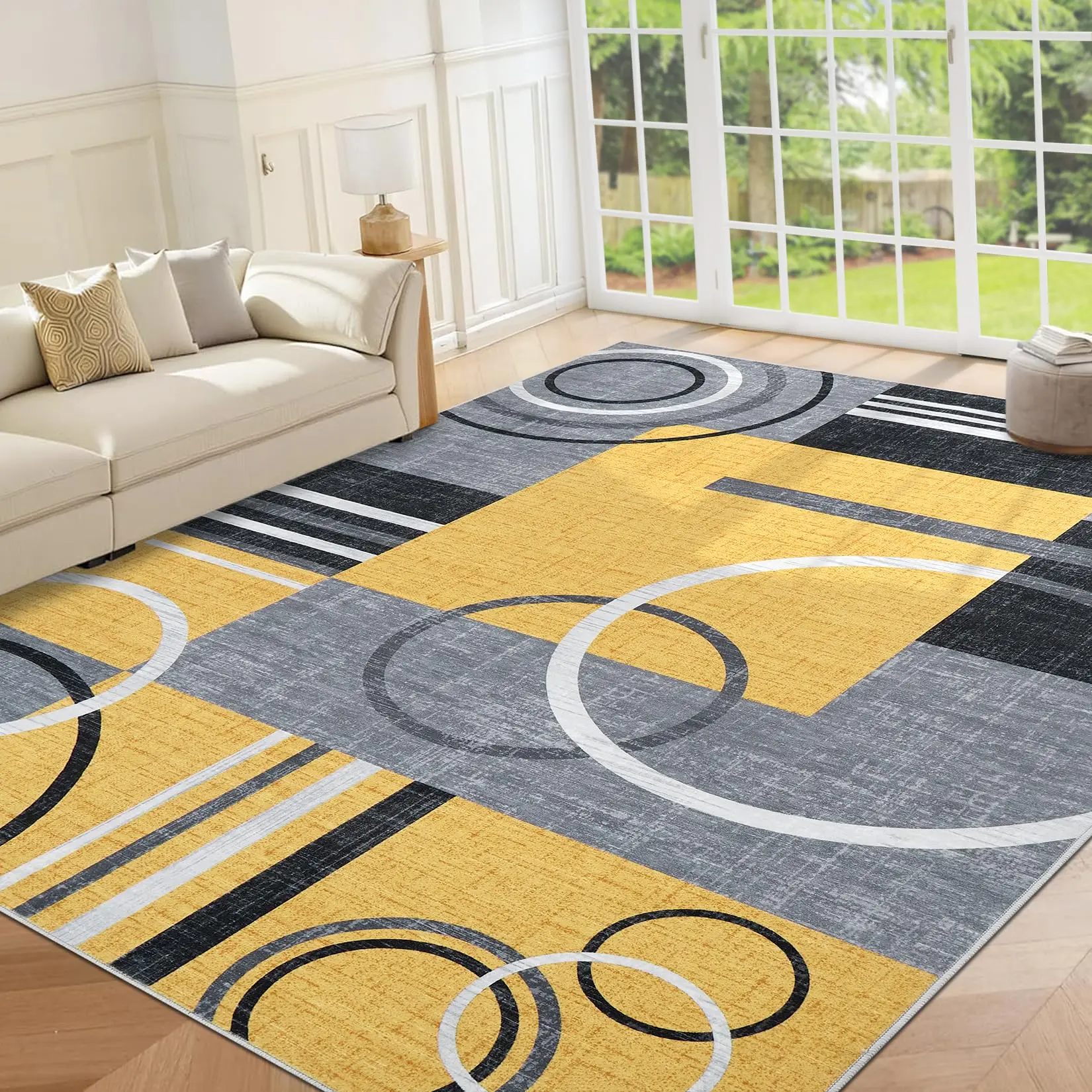 GARVEE Large Area Rug 10x13 Washable Rug for Living Room Abstract Circle Rugs Non Slip Low Pile Soft Rug Stain Resistant Carpet for Bedroom Home Decor, Yellow
