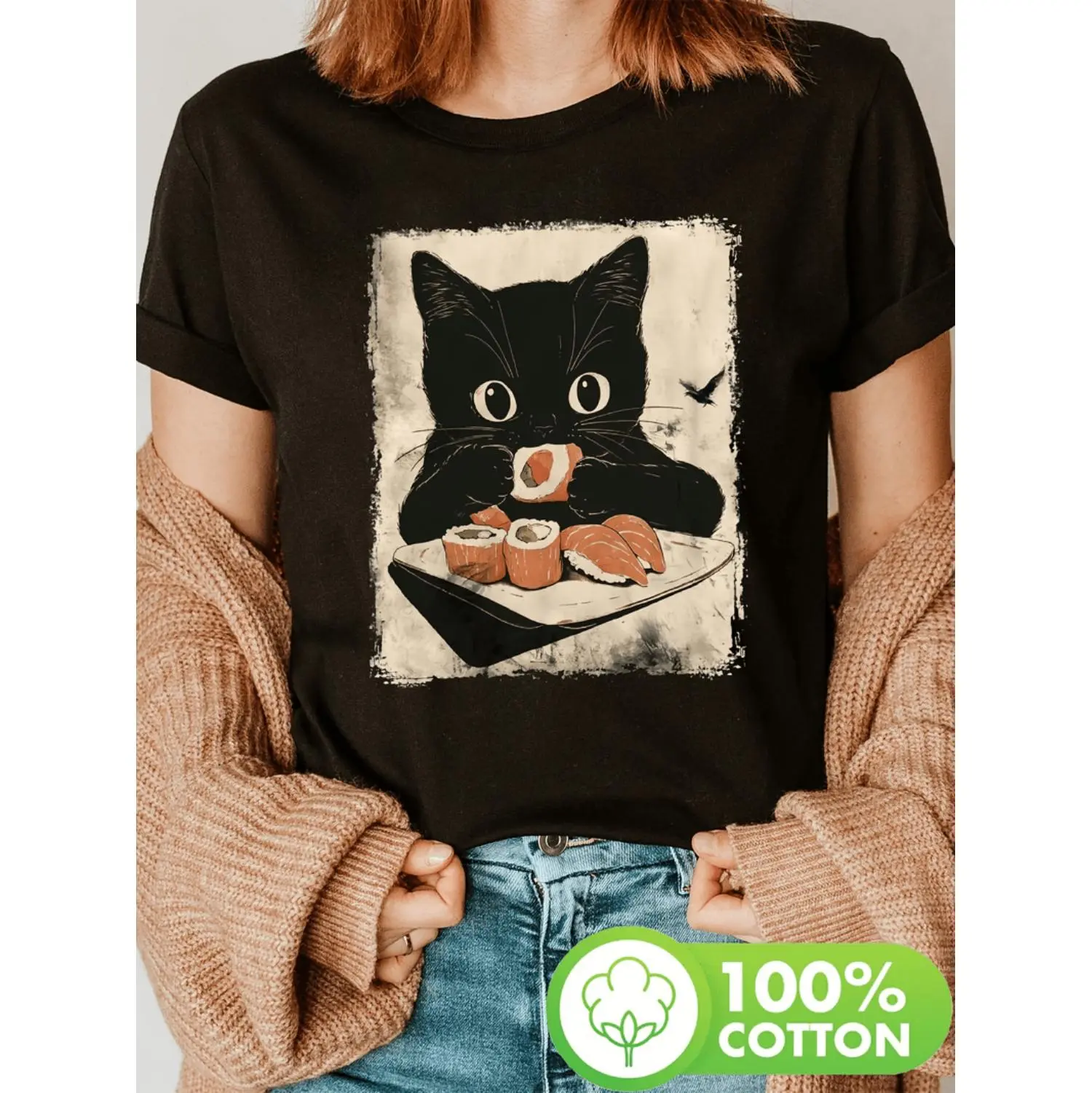 100% Cotton Vintage Anime Inspired Cat Eating Sushi Graphic Tee 100 Cotton Distressed Print Womens Casual Crew Neck Short Sleeve T-Shirt For Spring And Summer Comfort Wear Golf Gift T-Shirt For Men And Women