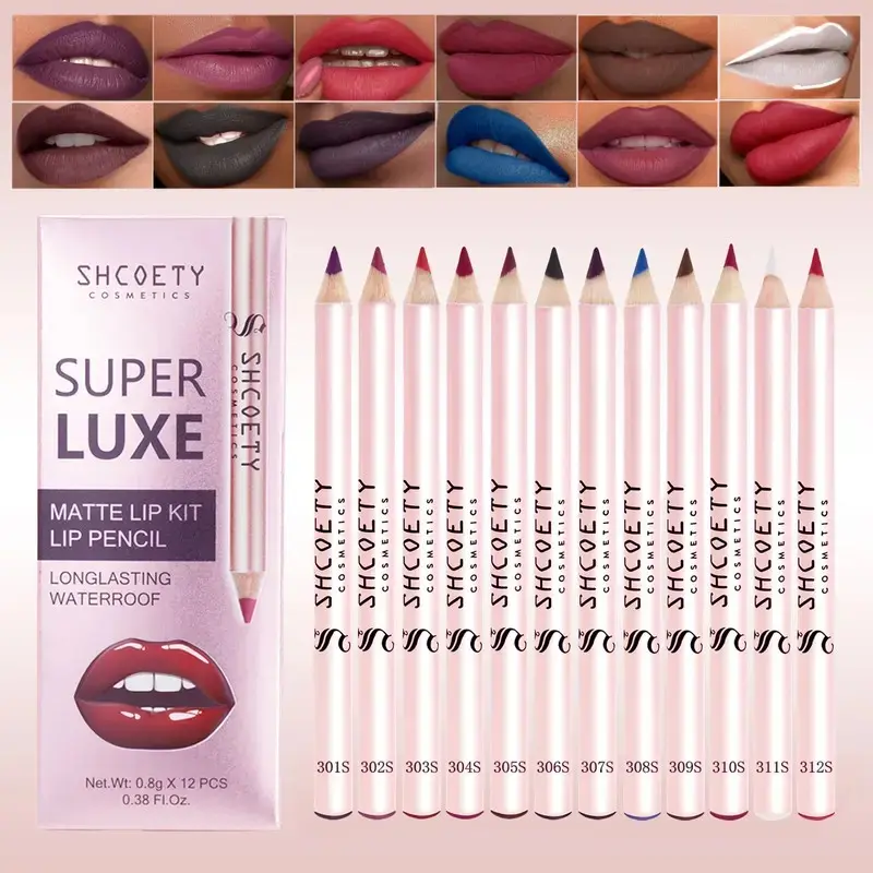 SHCOETY 12-Shades Crayon-Like Lipliner Multi-Pack Kit - Youth-Focused Cosmetic Pencil, All-Day Matte, Long-Lasting, Smudge-Proof, Waterproof, Smooth, Easy to Sharpen, Bold Hues, Simplifies Your Makeup Routine