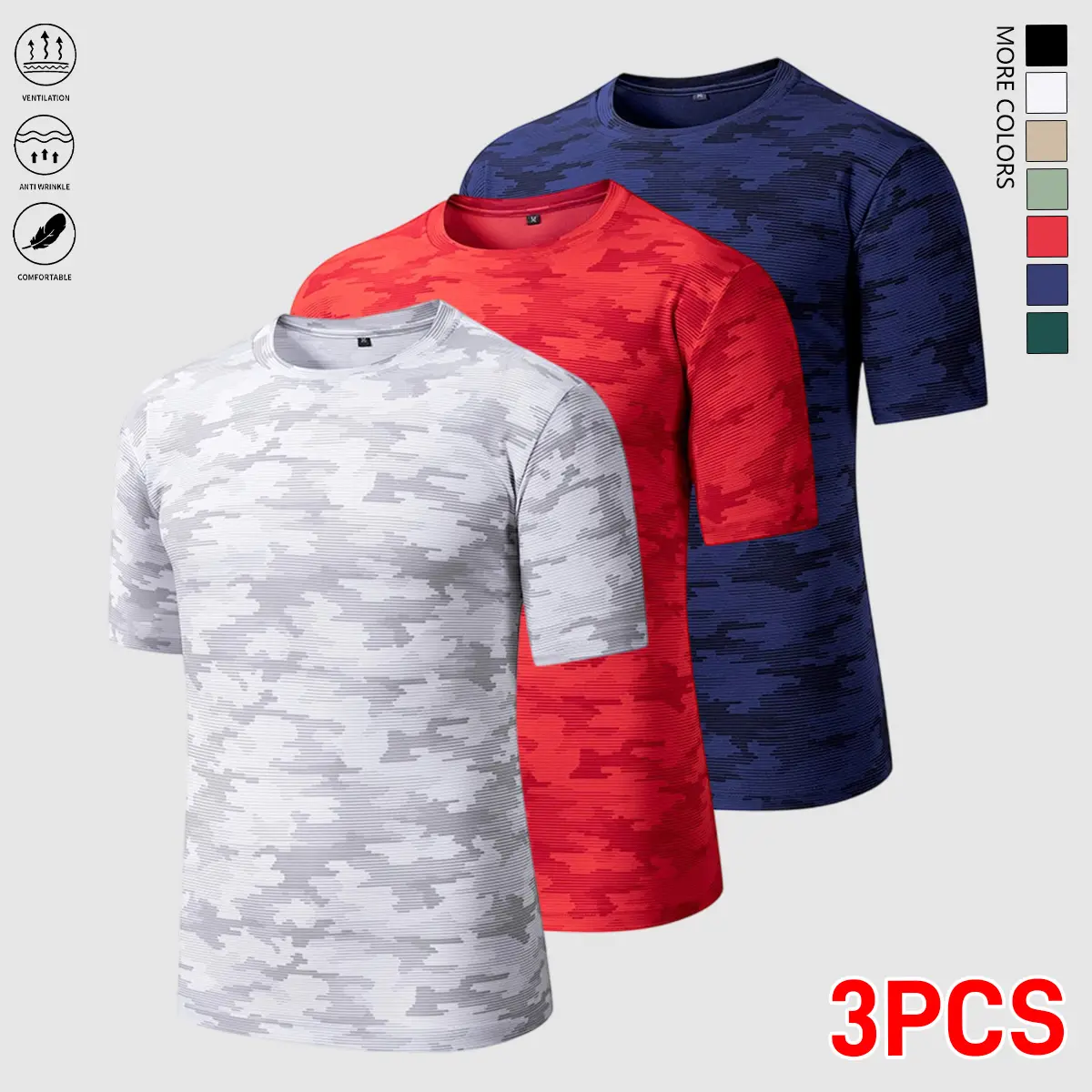3-Pack Men's Athletic Camouflage T-Shirts, Breathable Quick-Dry Crew Neck Short Sleeve Tops for Gym Workouts, Casual, Daily Gym Workouts, Fitted, Gifts, Do Not Bleach, Machine Washable, Male, Multipack, Outdoors, Polyester