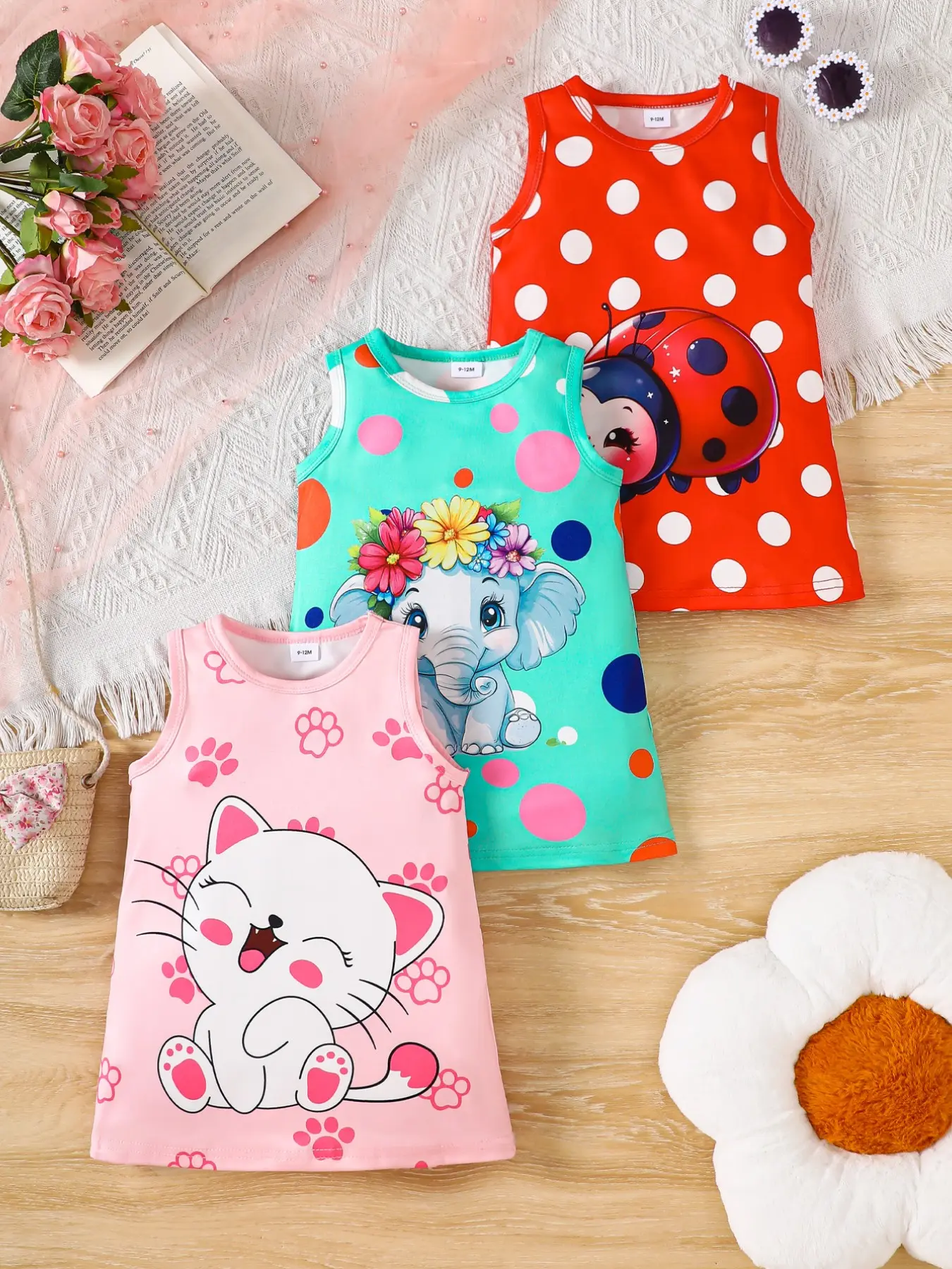 3-Piece Girls' Cat Paw Dress Set, Polka Dot Elephant Flower, Polka Dot Ladybug, Sleeveless Casual for Holidays, Sleeveless Tank Dress, Summer Cute Dresses, Toddler Summer Dresses