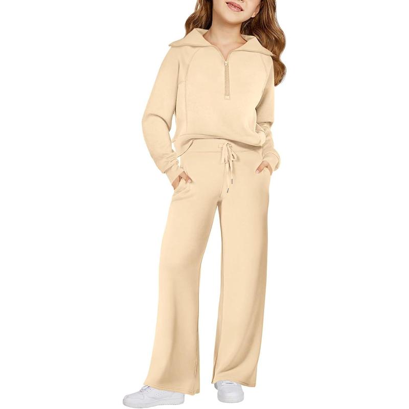 Haloumoning Girls' Basic 2-Piece Fitted Tracksuit - Half-Zip Long-Sleeve Sweatshirt, High-Waist Wide-Leg Sweatpants, Medium Stretch Kids Clothing (5-6 Years, 13-14 Years Inclusive)