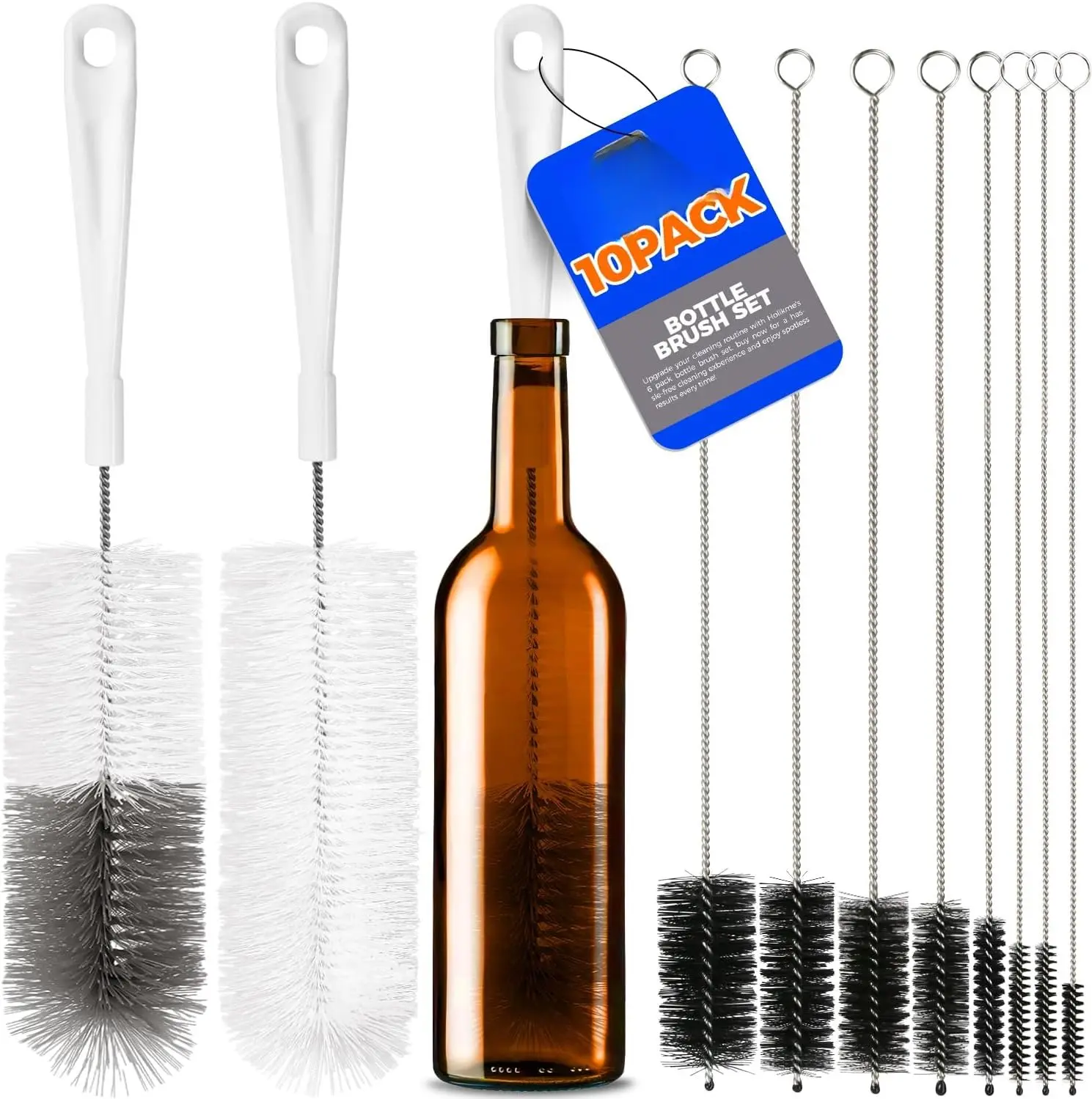 10 Pack Bottle Brush Cleaner Set, 15" Long Handle Bottle Cleaner Brush, Flexible Long Handle Water Bottle Brush for Narrow   , 8 Straws, Abrasive Spiral Brushes, White Grey