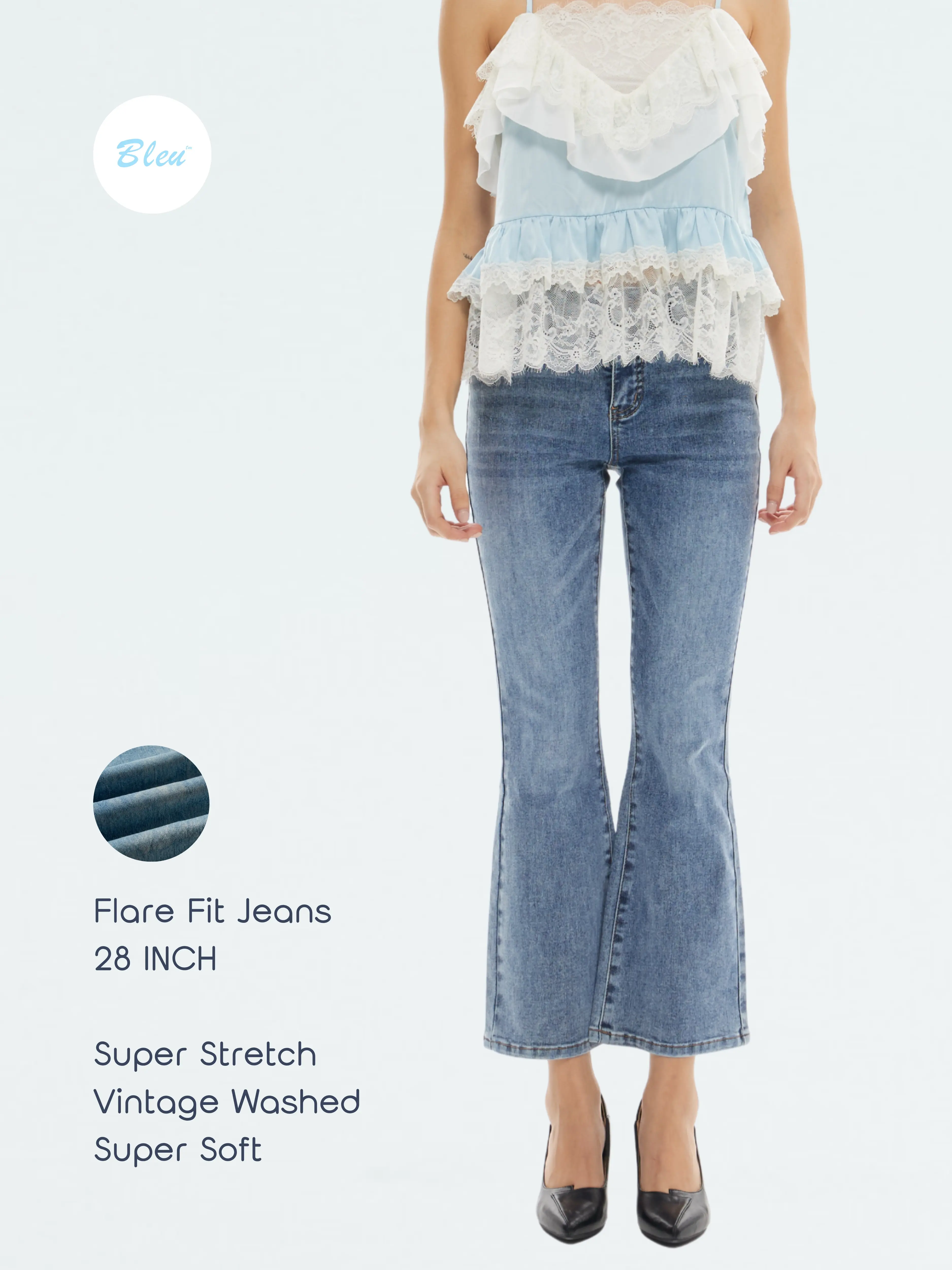 Bleu Women’s Super Stretch Cotton Denim Bootcut Jeans - Vintage Blue High Rise Flare Pants, 28 Inch Inseam, Ankle Length Stretch Jeans