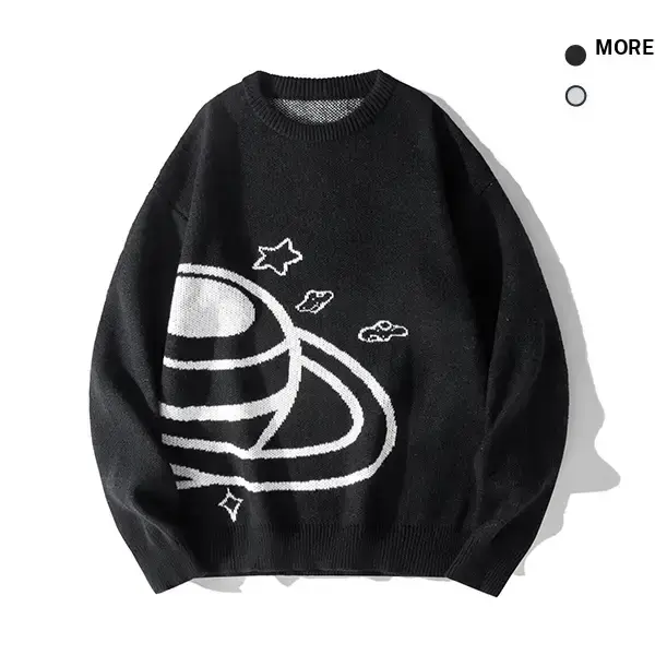 Men's Galaxy Vibe Black Hoodie - Casual, Simple Crewneck-Round Neck, Longsleeves Pullover Top with Planet, Star & Customizable Cloud Color Motif, Stylish Menswear Sweatshirt