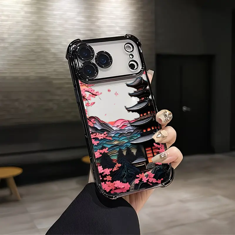 Japanese Pagoda Cherry Blossom Aesthetic Pattern Silicone TPU Case, Shockproof Protective Mobile Phone Accessory for iPhone 17/16/15/14/13/12 Plus Pro Max Ultra & Samsung 22/23/24/25 Plus Pro Max Ultra, Vintage Unique Fashion Design, Accessories